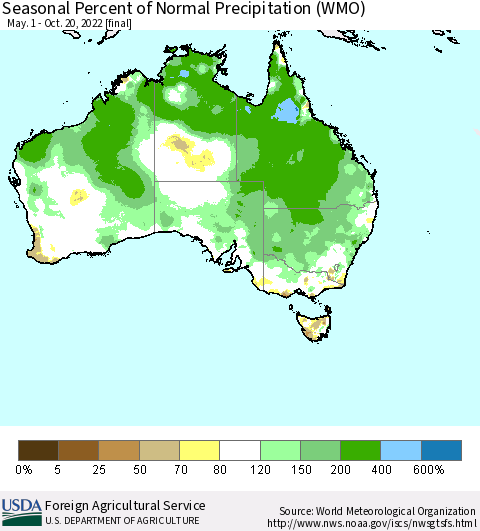 Australia Seasonal Percent of Normal Precipitation (WMO) Thematic Map For 5/1/2022 - 10/20/2022