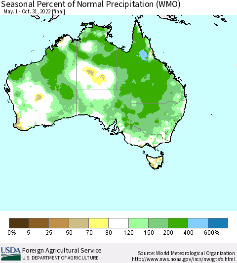 Australia Seasonal Percent of Normal Precipitation (WMO) Thematic Map For 5/1/2022 - 10/31/2022