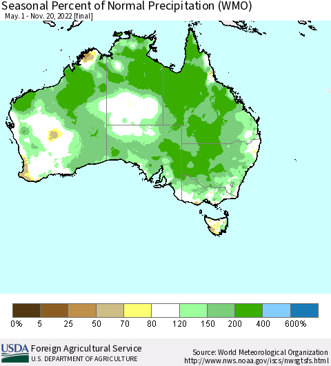 Australia Seasonal Percent of Normal Precipitation (WMO) Thematic Map For 5/1/2022 - 11/20/2022