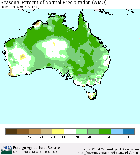 Australia Seasonal Percent of Normal Precipitation (WMO) Thematic Map For 5/1/2022 - 11/30/2022