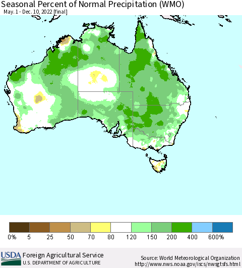 Australia Seasonal Percent of Normal Precipitation (WMO) Thematic Map For 5/1/2022 - 12/10/2022