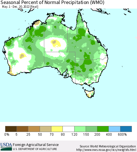 Australia Seasonal Percent of Normal Precipitation (WMO) Thematic Map For 5/1/2022 - 12/20/2022