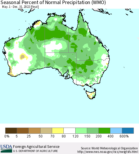 Australia Seasonal Percent of Normal Precipitation (WMO) Thematic Map For 5/1/2022 - 12/31/2022