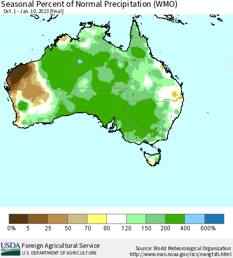 Australia Seasonal Percent of Normal Precipitation (WMO) Thematic Map For 10/1/2022 - 1/10/2023