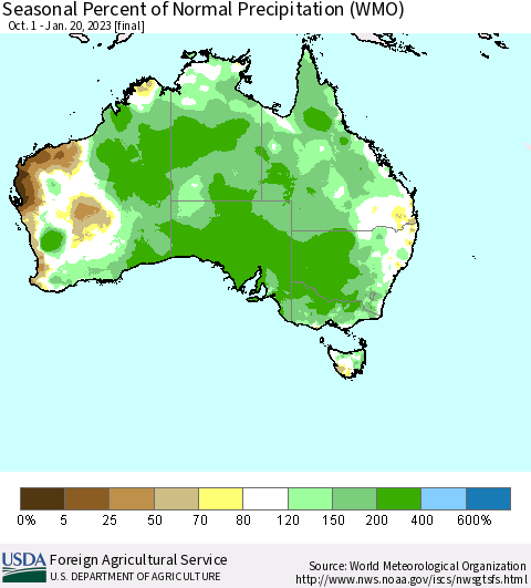 Australia Seasonal Percent of Normal Precipitation (WMO) Thematic Map For 10/1/2022 - 1/20/2023