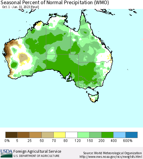 Australia Seasonal Percent of Normal Precipitation (WMO) Thematic Map For 10/1/2022 - 1/31/2023