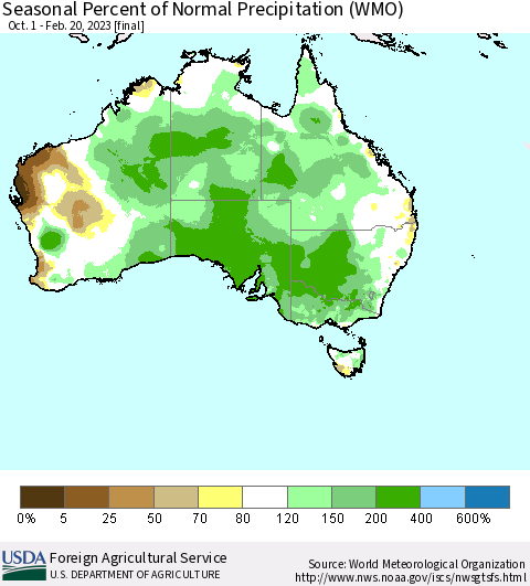Australia Seasonal Percent of Normal Precipitation (WMO) Thematic Map For 10/1/2022 - 2/20/2023