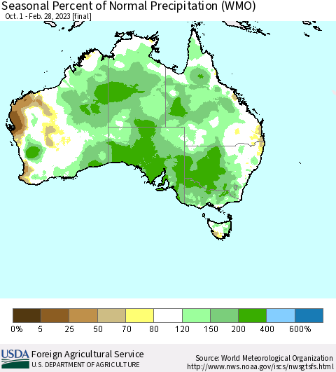 Australia Seasonal Percent of Normal Precipitation (WMO) Thematic Map For 10/1/2022 - 2/28/2023