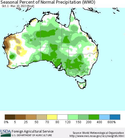 Australia Seasonal Percent of Normal Precipitation (WMO) Thematic Map For 10/1/2022 - 3/10/2023