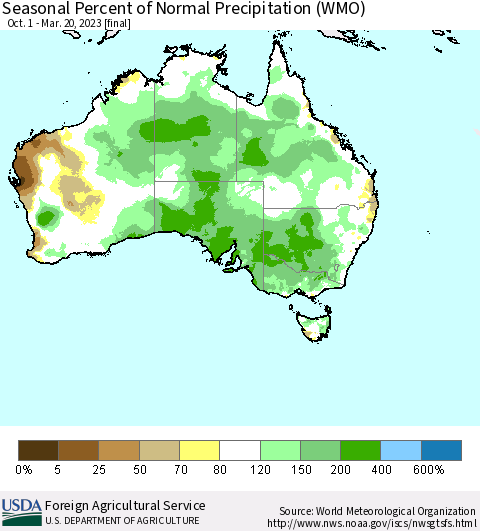 Australia Seasonal Percent of Normal Precipitation (WMO) Thematic Map For 10/1/2022 - 3/20/2023
