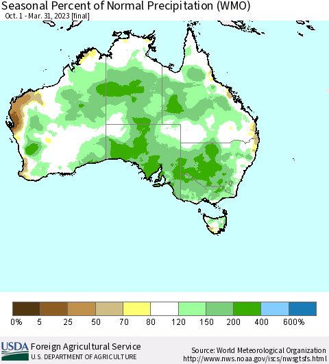 Australia Seasonal Percent of Normal Precipitation (WMO) Thematic Map For 10/1/2022 - 3/31/2023