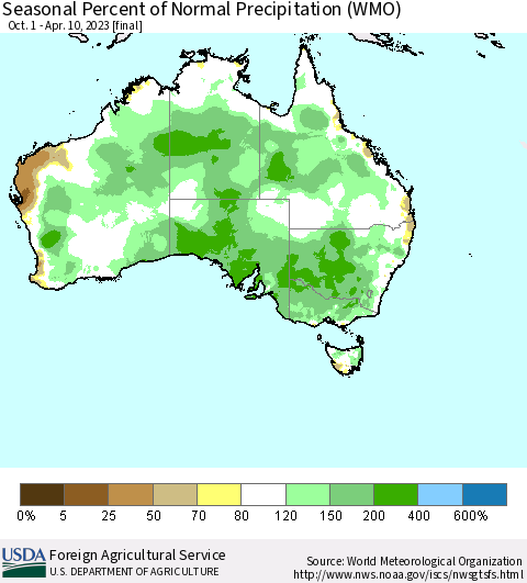 Australia Seasonal Percent of Normal Precipitation (WMO) Thematic Map For 10/1/2022 - 4/10/2023