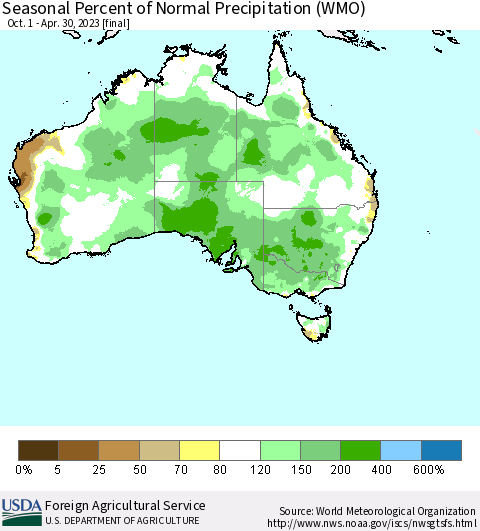 Australia Seasonal Percent of Normal Precipitation (WMO) Thematic Map For 10/1/2022 - 4/30/2023