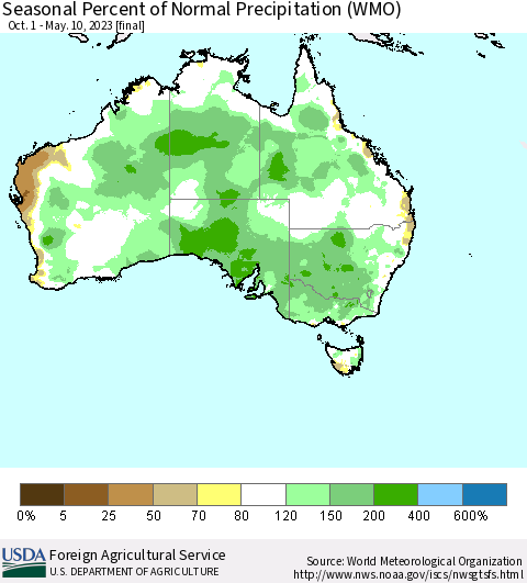 Australia Seasonal Percent of Normal Precipitation (WMO) Thematic Map For 10/1/2022 - 5/10/2023
