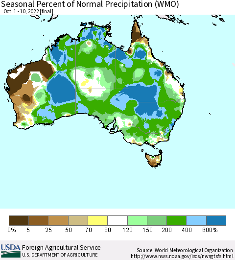 Australia Seasonal Percent of Normal Precipitation (WMO) Thematic Map For 10/1/2022 - 10/10/2022
