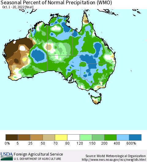 Australia Seasonal Percent of Normal Precipitation (WMO) Thematic Map For 10/1/2022 - 10/20/2022