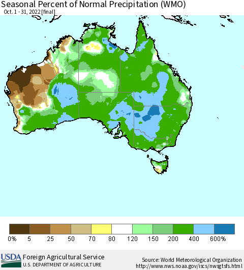 Australia Seasonal Percent of Normal Precipitation (WMO) Thematic Map For 10/1/2022 - 10/31/2022