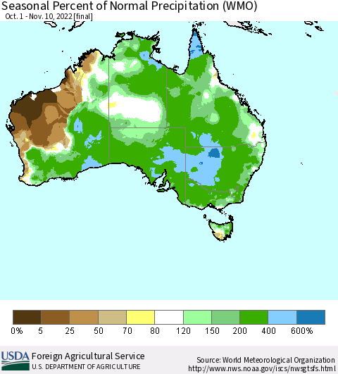 Australia Seasonal Percent of Normal Precipitation (WMO) Thematic Map For 10/1/2022 - 11/10/2022