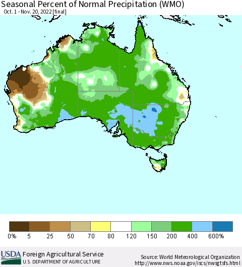 Australia Seasonal Percent of Normal Precipitation (WMO) Thematic Map For 10/1/2022 - 11/20/2022