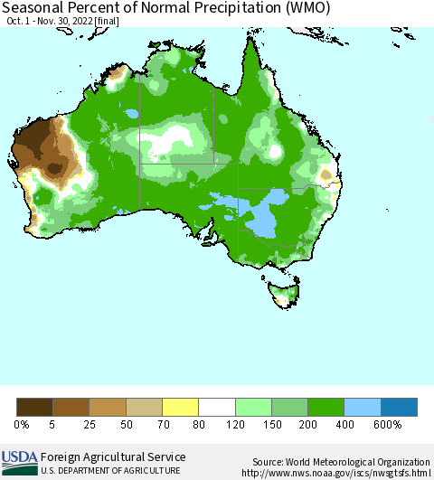 Australia Seasonal Percent of Normal Precipitation (WMO) Thematic Map For 10/1/2022 - 11/30/2022