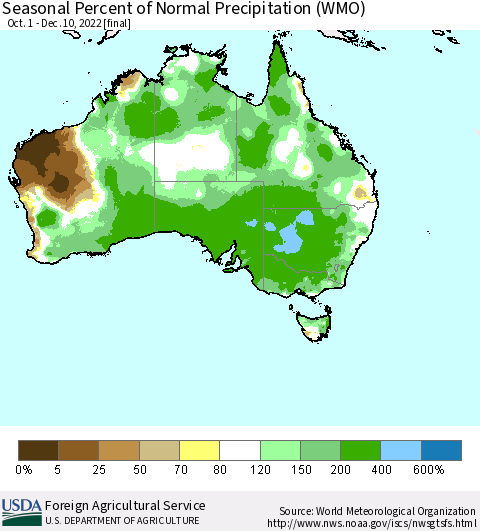 Australia Seasonal Percent of Normal Precipitation (WMO) Thematic Map For 10/1/2022 - 12/10/2022