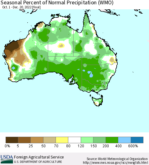 Australia Seasonal Percent of Normal Precipitation (WMO) Thematic Map For 10/1/2022 - 12/20/2022