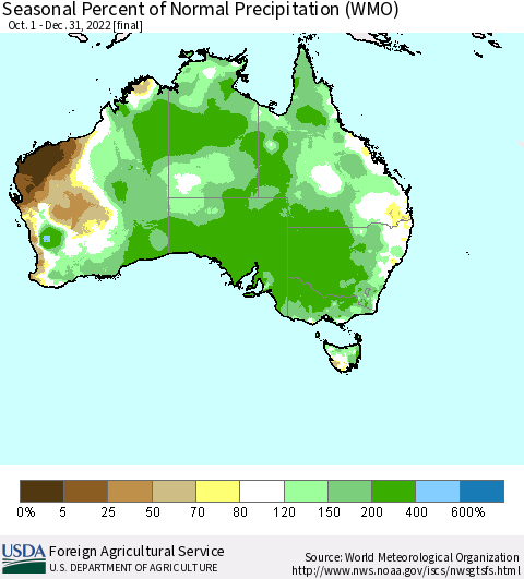 Australia Seasonal Percent of Normal Precipitation (WMO) Thematic Map For 10/1/2022 - 12/31/2022