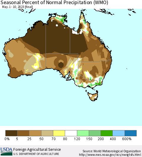 Australia Seasonal Percent of Normal Precipitation (WMO) Thematic Map For 5/1/2023 - 5/10/2023