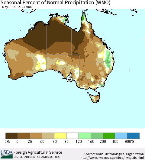 Australia Seasonal Percent of Normal Precipitation (WMO) Thematic Map For 5/1/2023 - 5/20/2023