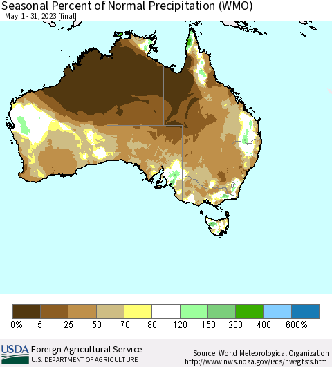 Australia Seasonal Percent of Normal Precipitation (WMO) Thematic Map For 5/1/2023 - 5/31/2023