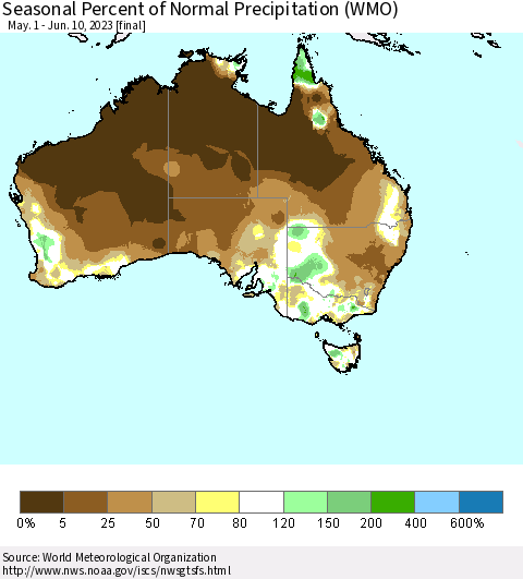 Australia Seasonal Percent of Normal Precipitation (WMO) Thematic Map For 5/1/2023 - 6/10/2023