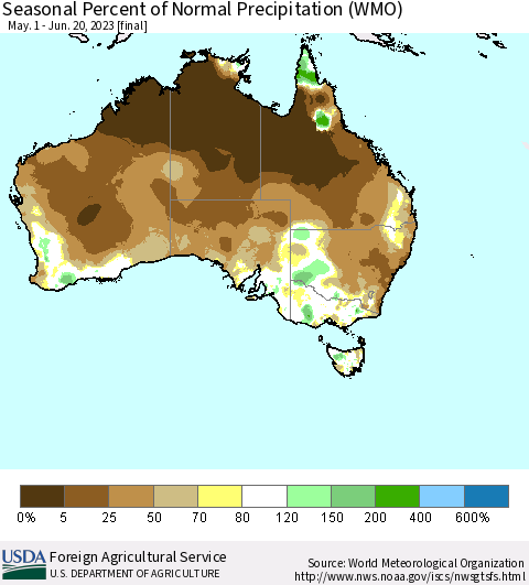 Australia Seasonal Percent of Normal Precipitation (WMO) Thematic Map For 5/1/2023 - 6/20/2023