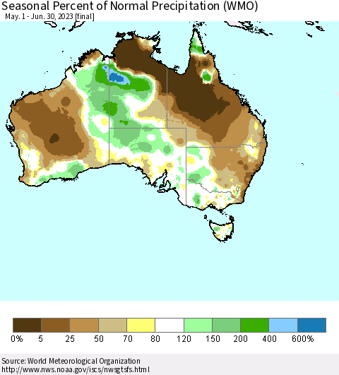 Australia Seasonal Percent of Normal Precipitation (WMO) Thematic Map For 5/1/2023 - 6/30/2023