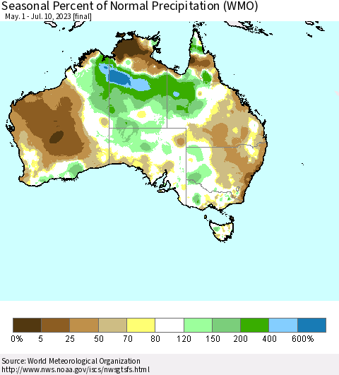 Australia Seasonal Percent of Normal Precipitation (WMO) Thematic Map For 5/1/2023 - 7/10/2023
