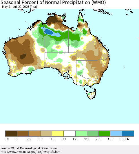 Australia Seasonal Percent of Normal Precipitation (WMO) Thematic Map For 5/1/2023 - 7/20/2023