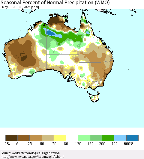 Australia Seasonal Percent of Normal Precipitation (WMO) Thematic Map For 5/1/2023 - 7/31/2023