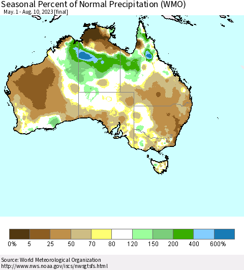 Australia Seasonal Percent of Normal Precipitation (WMO) Thematic Map For 5/1/2023 - 8/10/2023