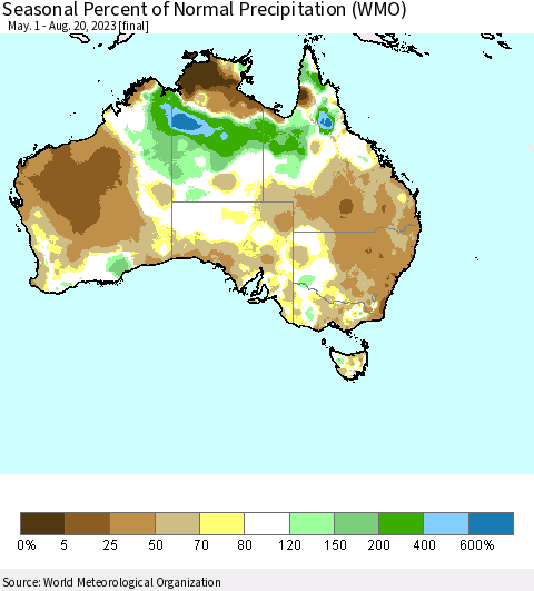 Australia Seasonal Percent of Normal Precipitation (WMO) Thematic Map For 5/1/2023 - 8/20/2023
