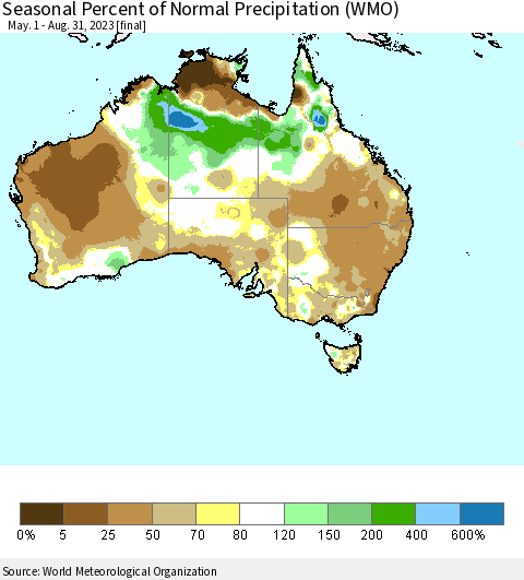 Australia Seasonal Percent of Normal Precipitation (WMO) Thematic Map For 5/1/2023 - 8/31/2023