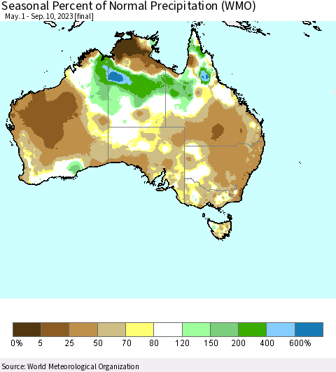 Australia Seasonal Percent of Normal Precipitation (WMO) Thematic Map For 5/1/2023 - 9/10/2023