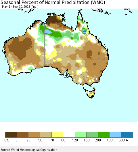 Australia Seasonal Percent of Normal Precipitation (WMO) Thematic Map For 5/1/2023 - 9/30/2023