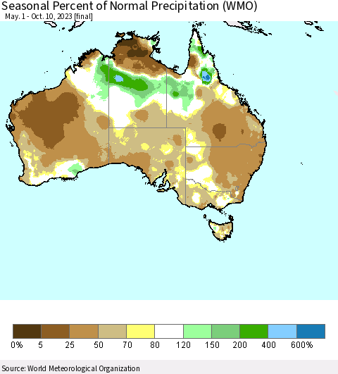 Australia Seasonal Percent of Normal Precipitation (WMO) Thematic Map For 5/1/2023 - 10/10/2023