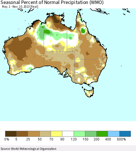 Australia Seasonal Percent of Normal Precipitation (WMO) Thematic Map For 5/1/2023 - 11/10/2023