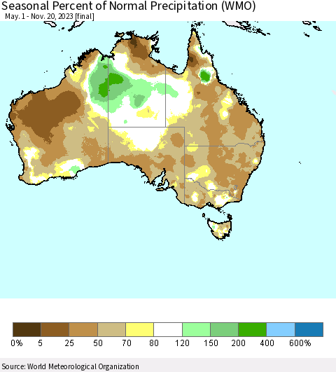 Australia Seasonal Percent of Normal Precipitation (WMO) Thematic Map For 5/1/2023 - 11/20/2023
