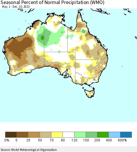Australia Seasonal Percent of Normal Precipitation (WMO) Thematic Map For 5/1/2023 - 12/10/2023