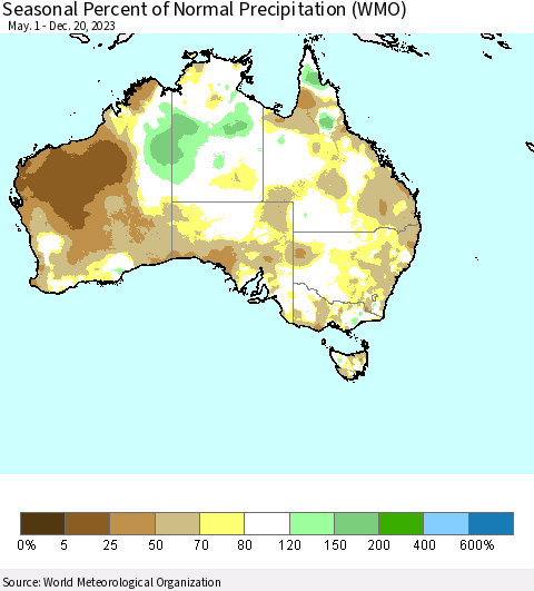 Australia Seasonal Percent of Normal Precipitation (WMO) Thematic Map For 5/1/2023 - 12/20/2023