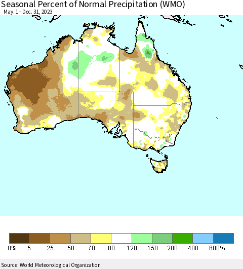 Australia Seasonal Percent of Normal Precipitation (WMO) Thematic Map For 5/1/2023 - 12/31/2023