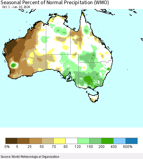 Australia Seasonal Percent of Normal Precipitation (WMO) Thematic Map For 10/1/2023 - 1/10/2024