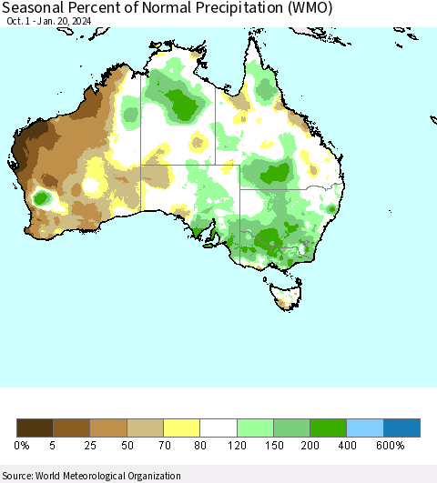 Australia Seasonal Percent of Normal Precipitation (WMO) Thematic Map For 10/1/2023 - 1/20/2024