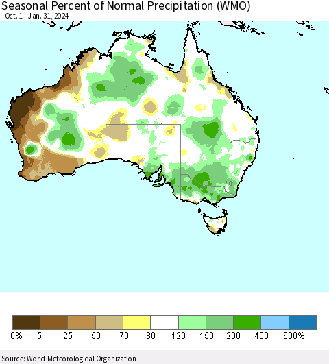 Australia Seasonal Percent of Normal Precipitation (WMO) Thematic Map For 10/1/2023 - 1/31/2024